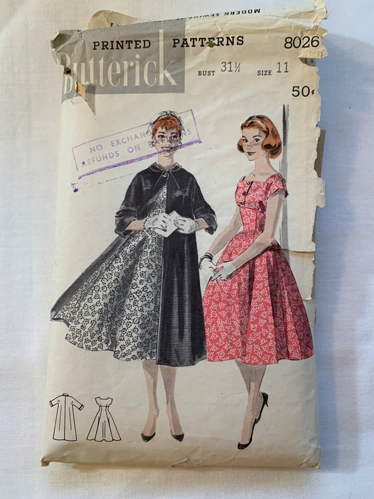 Butterick Sewing Pattern 8026 Misses'/Junior Teen Dress, Coat, Long Sleeves, Button Front, Size 11, Cut, Vintage 1957