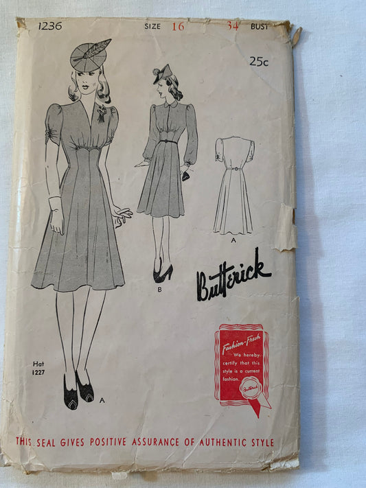Butterick Sewing Pattern 1236 Misses' Dress, Fitted, Side Zipper, Princess Seams, Shoulder Pads, Long/Short Sleeves, Size 16, Cut, Vintage 1940