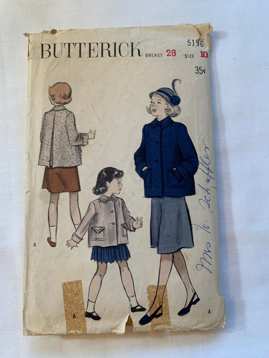 Butterick Sewing Pattern 5196 Girls' Shortie Coat, Long Sleeves, Button Front, Pockets, Suits, Collar, Size 10, Cut, Vintage 1950