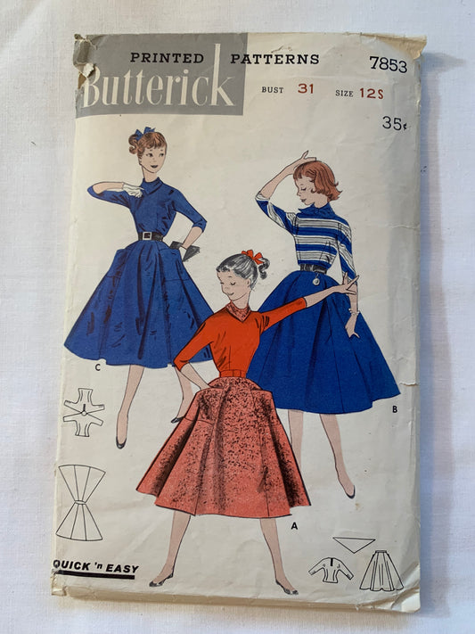 Butterick Sewing Pattern 78536 Misses'/Junior/Teen Skirt, Blouse, Scarf, Flared, Long Sleeves, Size 12, Cut, Vintage 1953