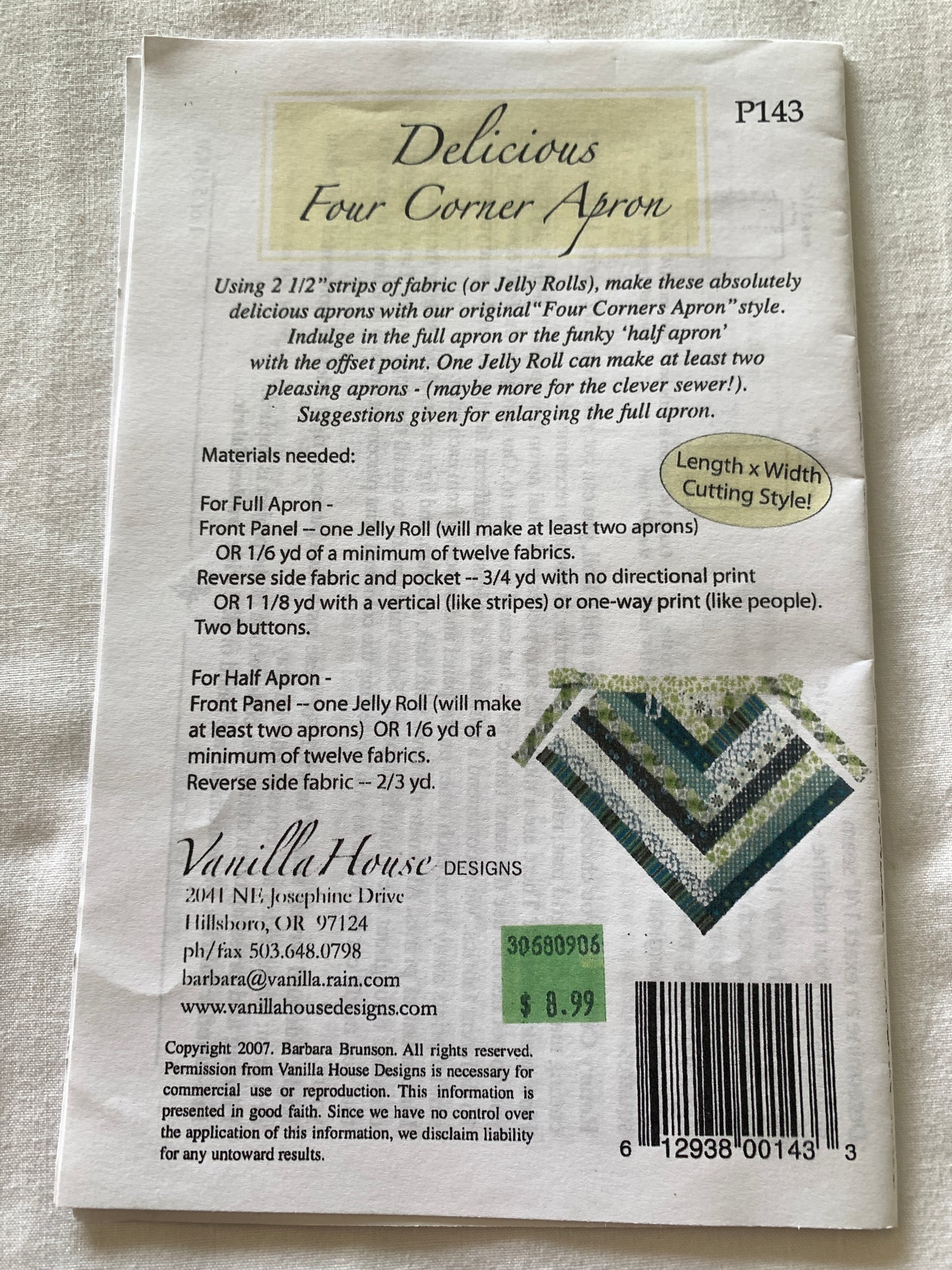 Quilted Aprons, Four Corner, Vanilla House Designs, Full or Half Apron