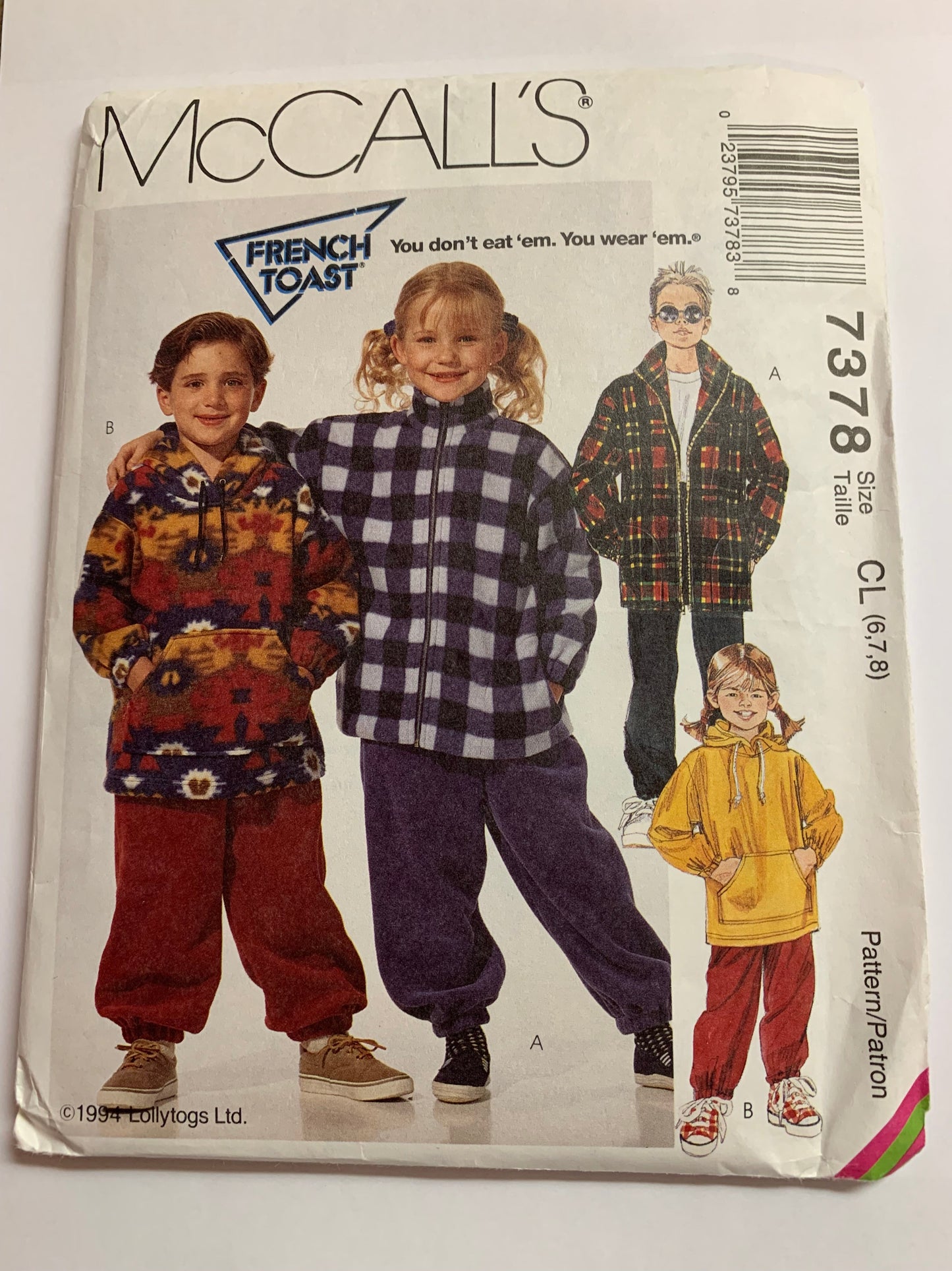 McCall's Sewing Pattern 7378, Children's/Boys'/Girls' Jacket, Top, Pull-On Pants, Loose-Fitting, Zipper Front, Elastic Waist, Size 6-8, Cut, Vintage 1994