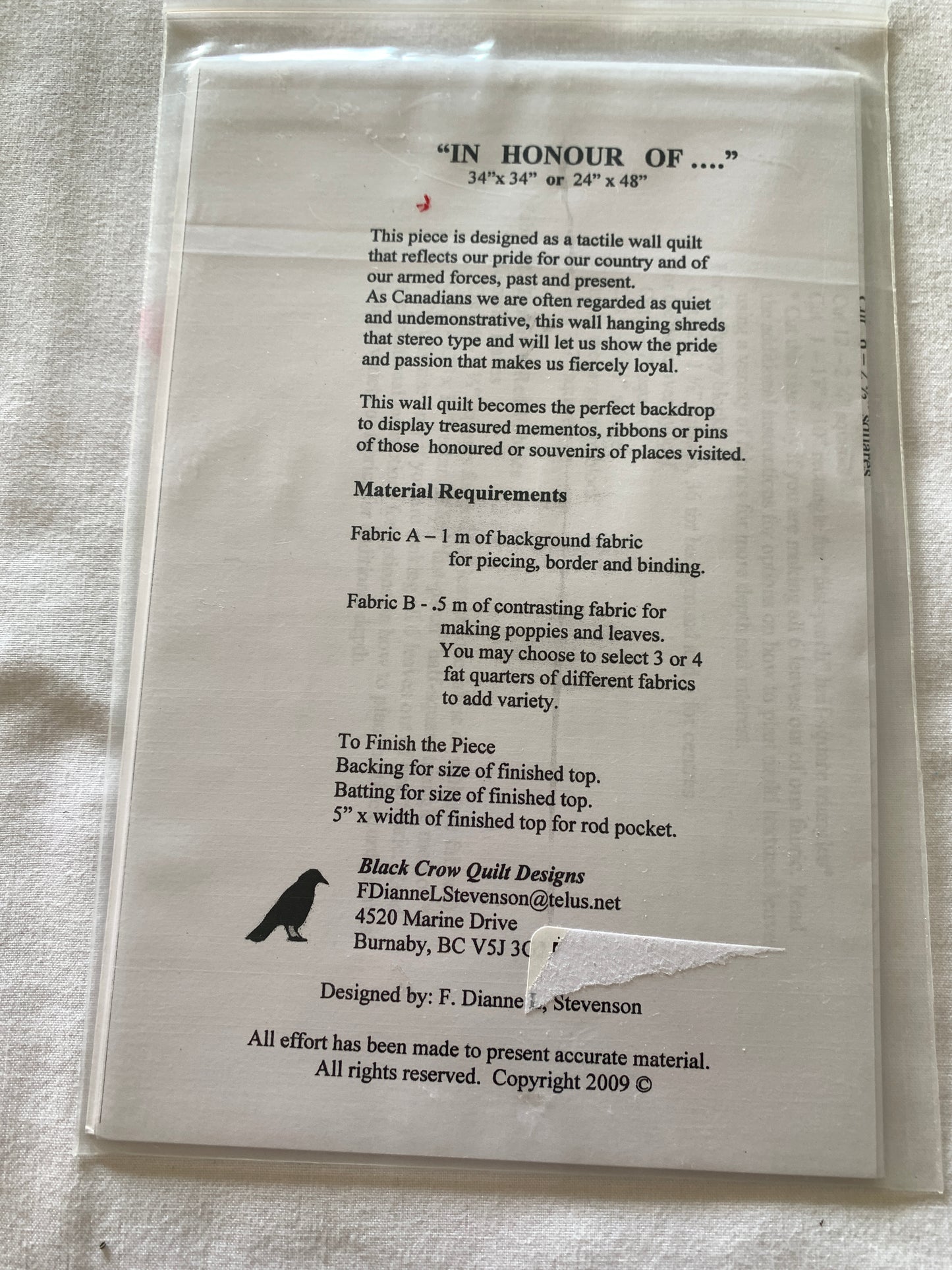 Remembrance Day, In Honour of, Canadian, Wall Quilt, Black Crow Quilt Designs, F Dianne L. Stevenson