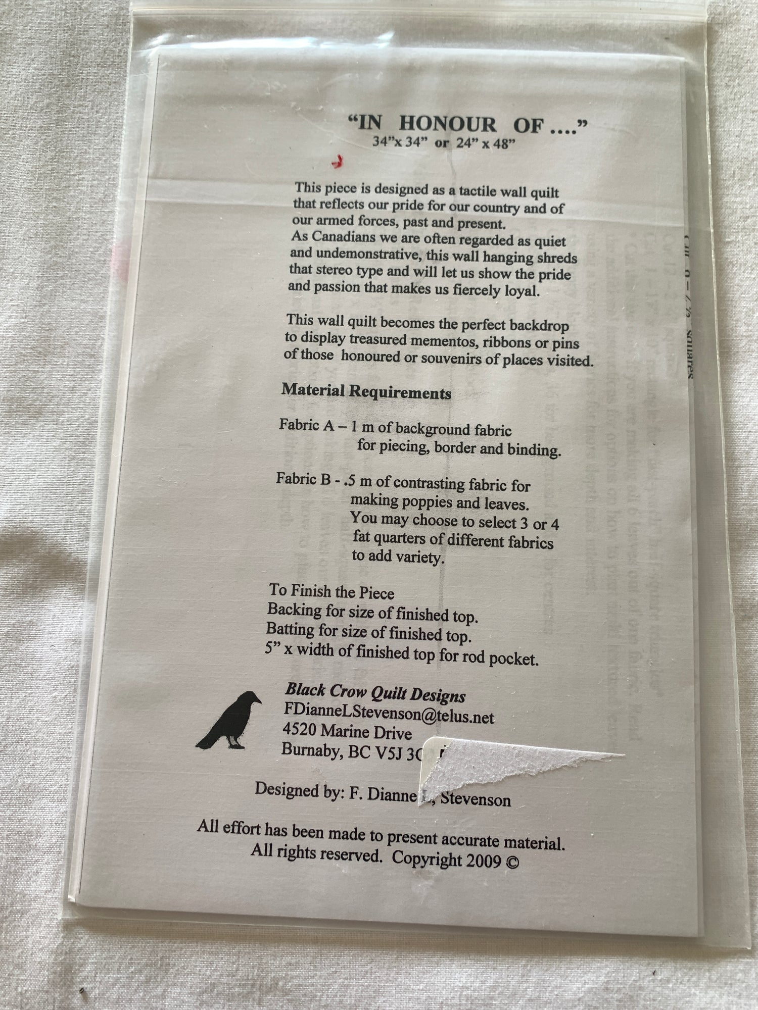 Remembrance Day, In Honour of, Canadian, Wall Quilt, Black Crow Quilt Designs, F Dianne L. Stevenson