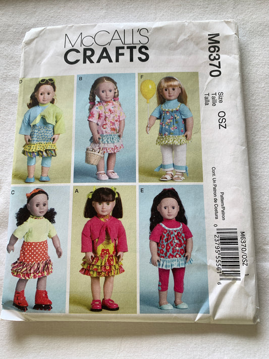 McCalls Sewing Pattern M6370 18" Doll Clothes, Short Sleeves, Button Back, Ruffles, 2011