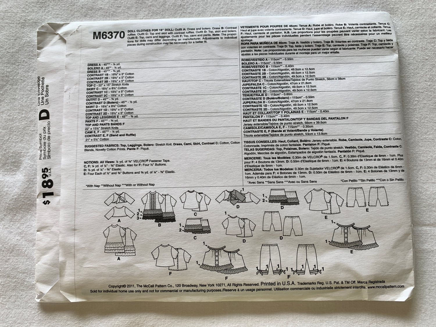 McCalls Sewing Pattern M6370 18" Doll Clothes, Short Sleeves, Button Back, Ruffles, 2011
