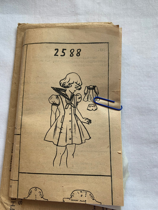 Western Producer Sewing Pattern 2588 Girls' Dress, Button Front, Long/Short Sleeves, Shorts, Fitted, Size 8, Cut, Vintage 1942