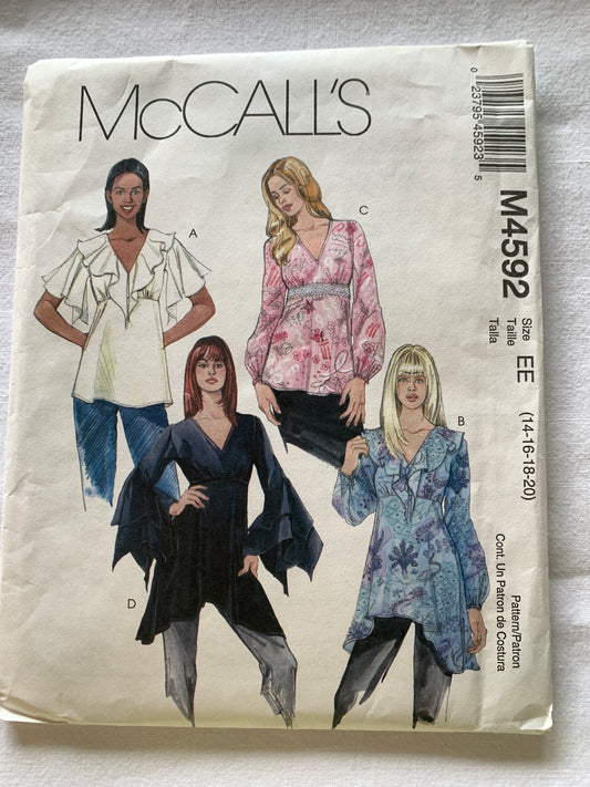 McCall's Sewing Pattern M4592 Misses'/Miss Petite Blouse, Tunics, 4 Variations, Long/Short Sleeves, Size 14-20, Uncut, 2004