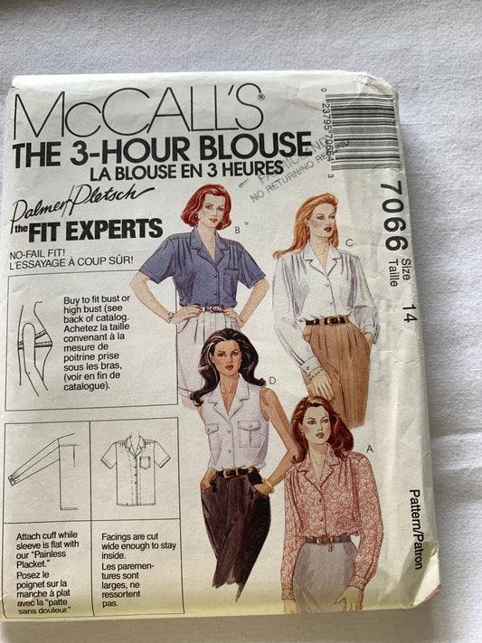 McCall's Sewing Pattern 066 Misses' Blouse, 4 Variations, Long Sleeves, Button Front, Size 142, Uncut, Vintage 1994