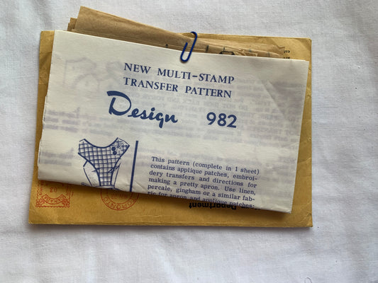 Design 982 Apron, Transfers, Tie Back, Over the Head, Pockets, Vintage 1967