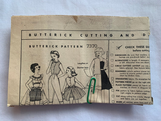 Butterick Sewing Pattern 7370 Girls' Blouse, Shorts, Pedal Pushers, Capri Pants, Skirt, Top, Loose-Fitting, Short Sleeves, Elastic Waist, Pockets, Size 12, Cut, Vintage 1958