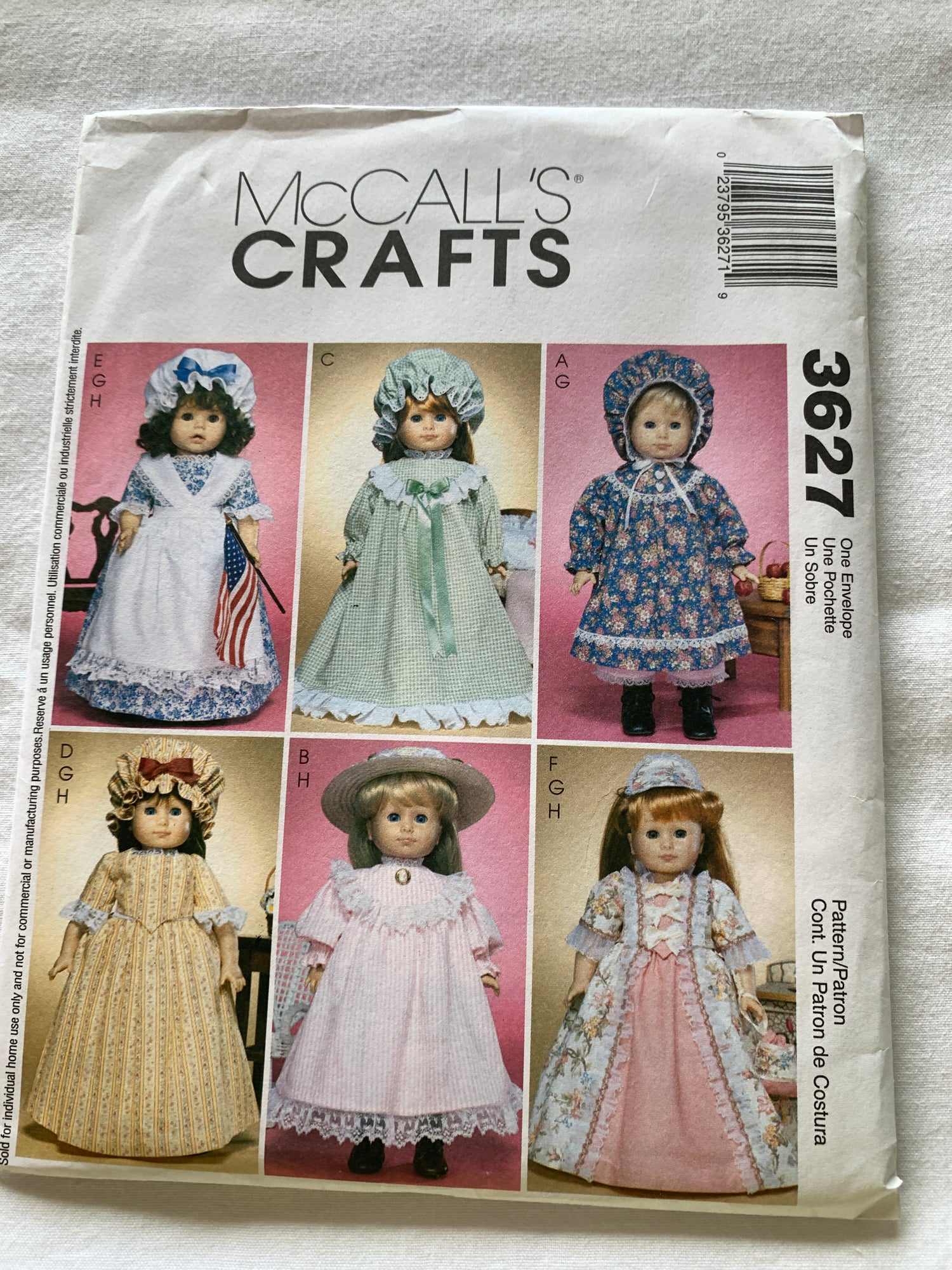 McCalls Sewing Pattern 3627 18" Doll Clothes, Dress, Nightgown, Apron, Cap, Skirt, 2002