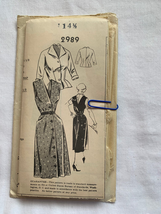 Peerless Sewing Pattern 2989 Misses' Dresses, Long Sleeves, Princess Seams, Collar, Pockets, Size 14 1/2, Cut, Vintage 1956