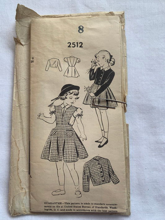 Pattern Bureau Sewing Pattern 2512 Girls' Jumper, Jacket, Dress, Pockets, Button Front, Collar, Long/Short Sleeves, Size 8, Cut, Vintage 1951