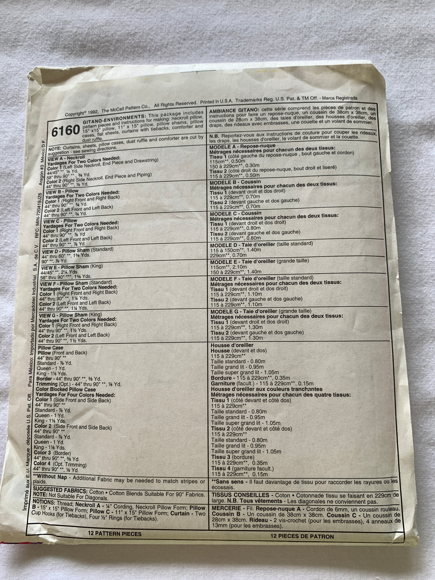 McCall's Sewing Pattern 6160 Bedroom, Neck Roll, Cases, Flat Sheets, Curtains, Tieback, Comforter, Dust Ruffles, Uncut, Vintage 1992