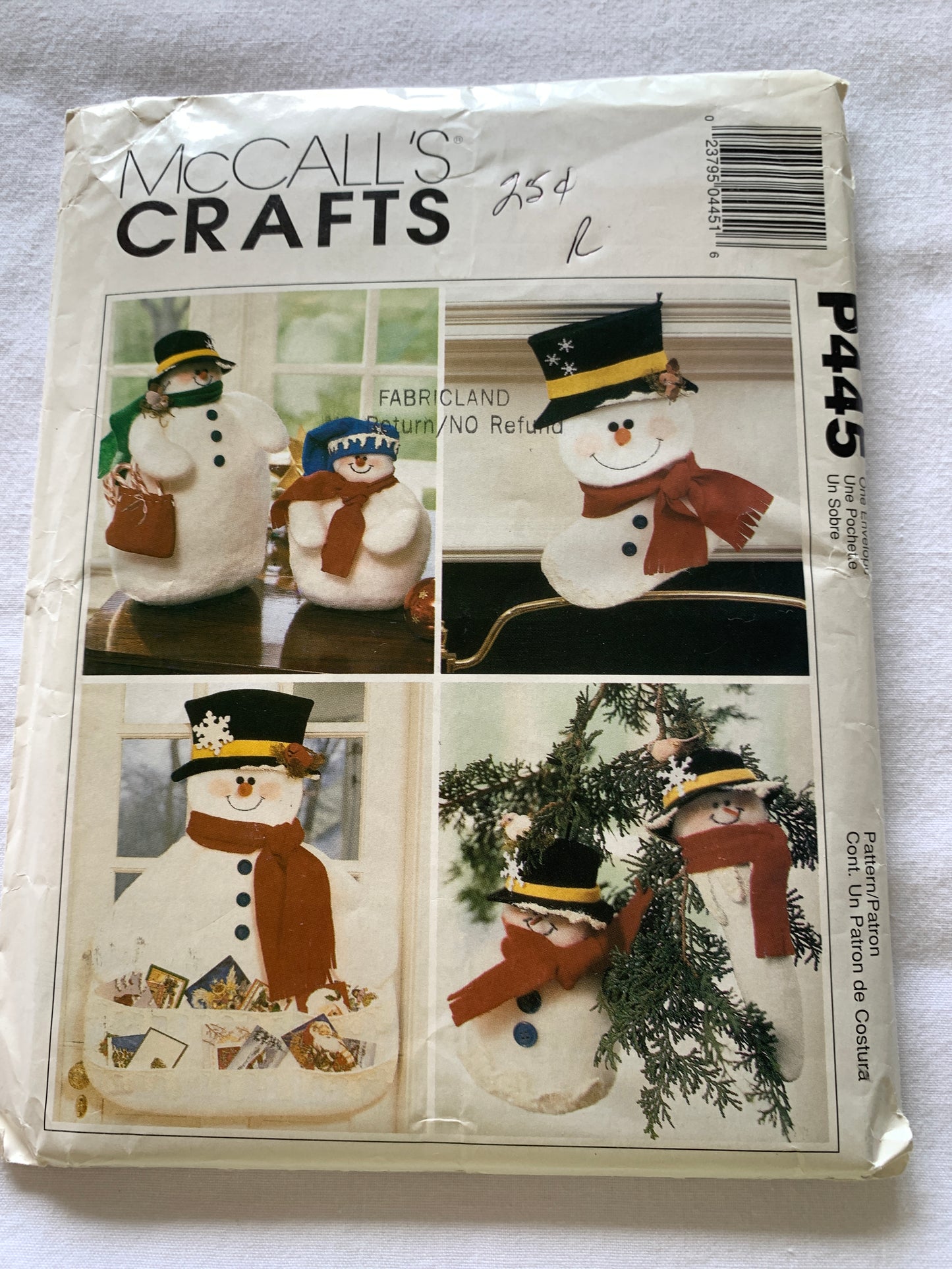 McCall's Sewing Pattern P445 Crafts, Christmas Holiday Ornaments,  Snowmen, Cardholder, Stocking, Ornament, Uncut, Vintage 1999