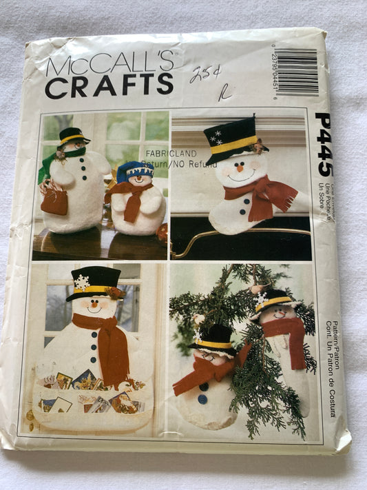 McCall's Sewing Pattern P445 Crafts, Christmas Holiday Ornaments,  Snowmen, Cardholder, Stocking, Ornament, Uncut, Vintage 1999