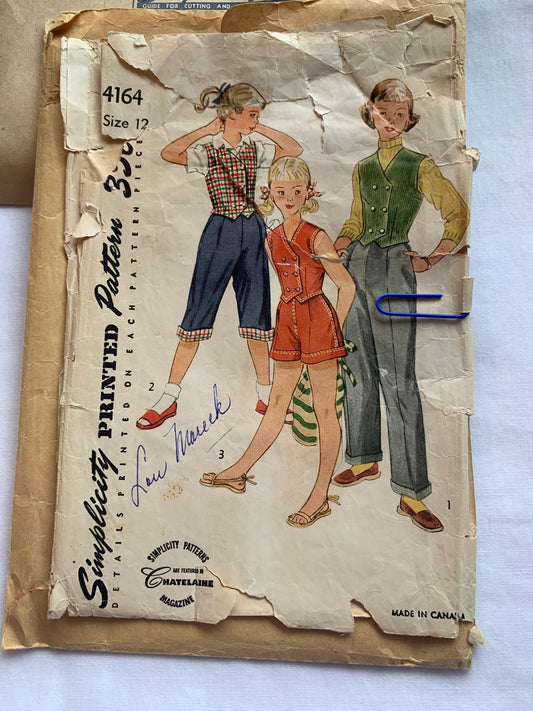 Simplicity Sewing Pattern 4164 Girls' Top, Pants, Slackes, Pedal Pushers, Weskit, Shorts, Zipper Back, Size 12, Cut, Vintage 1962