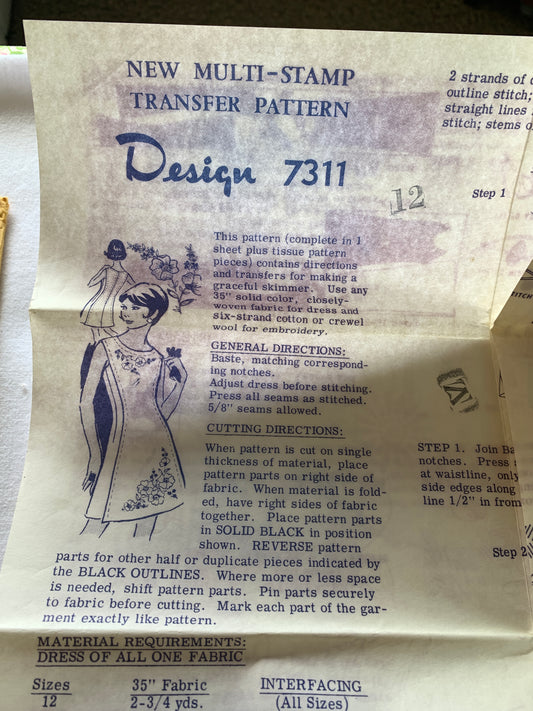 Western Producer Sewing Pattern 7311 Misses' Dress, Sleeveless, Zipper Back, Size 12, Uncut, Vintage 1970