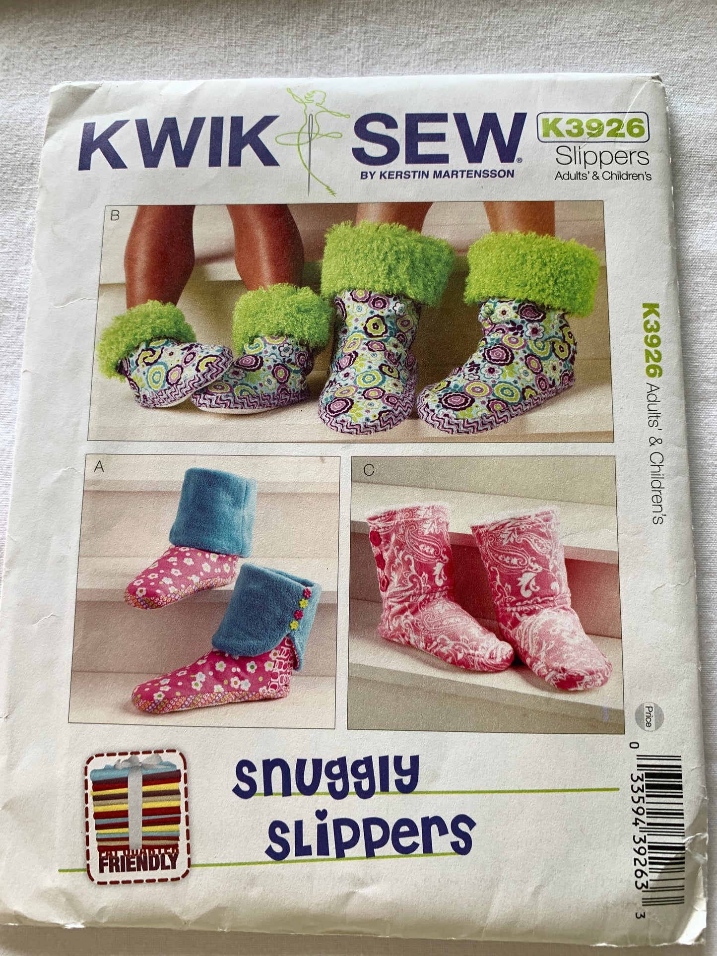 KWIK Sewing Pattern K3926 Crafts, Adult's and Children Slippers, Lined, 3 Variations, Size XS-XL, Uncut, 2012