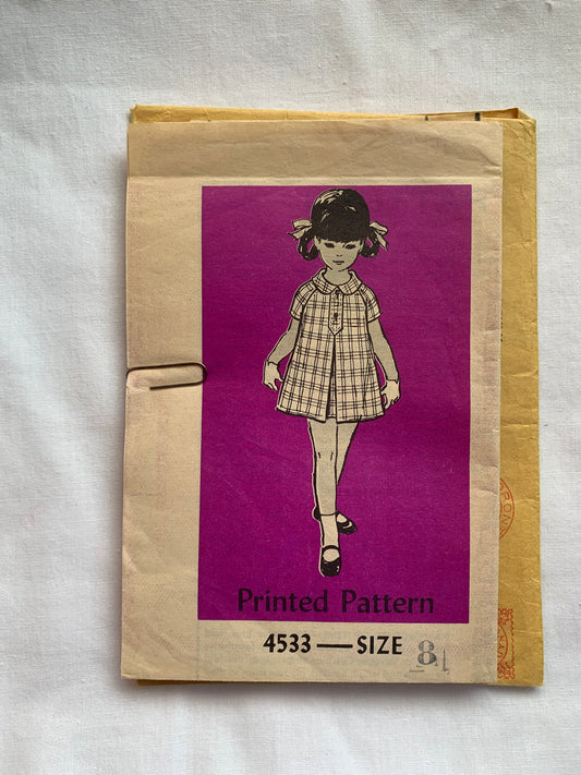 Mail Ordered Sewing Pattern 4533 Girls' Dress, Size 8, Short Sleeves, Zipper Back, Cut, Vintage 1967