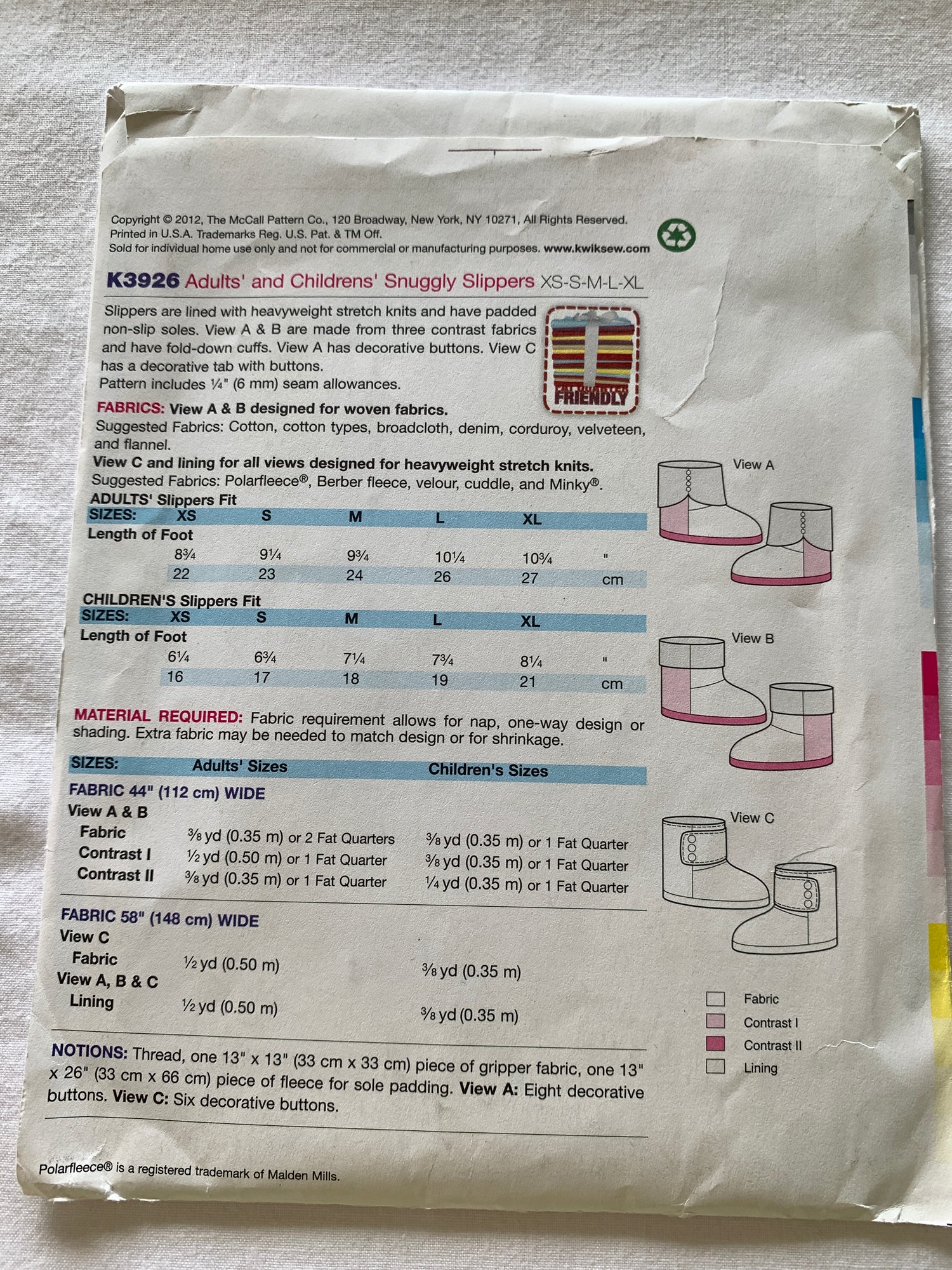 KWIK Sewing Pattern K3926 Crafts, Adult's and Children Slippers, Lined, 3 Variations, Size XS-XL, Uncut, 2012