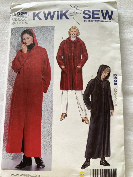 KWIK Sewing Pattern 2925 Misses' Coats, Pockets, Hood, Unlined, 2 Lengths, Size XS-XL, Uncut, Vintage 2010