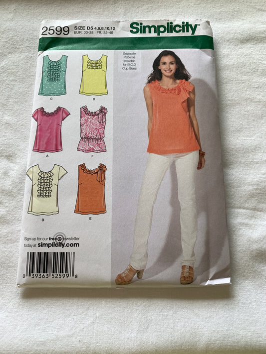 Simplicity Sewing Pattern 2599 Misses' Tops Short Sleeves, Sleeveless, Elastic Waist, Size 4-12, Uncut, 2008