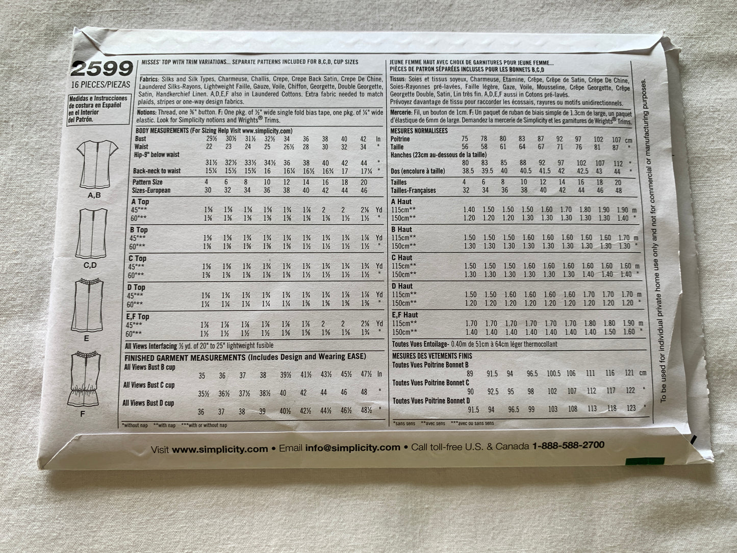 Simplicity Sewing Pattern 2599 Misses' Tops Short Sleeves, Sleeveless, Elastic Waist, Size 4-12, Uncut, 2008
