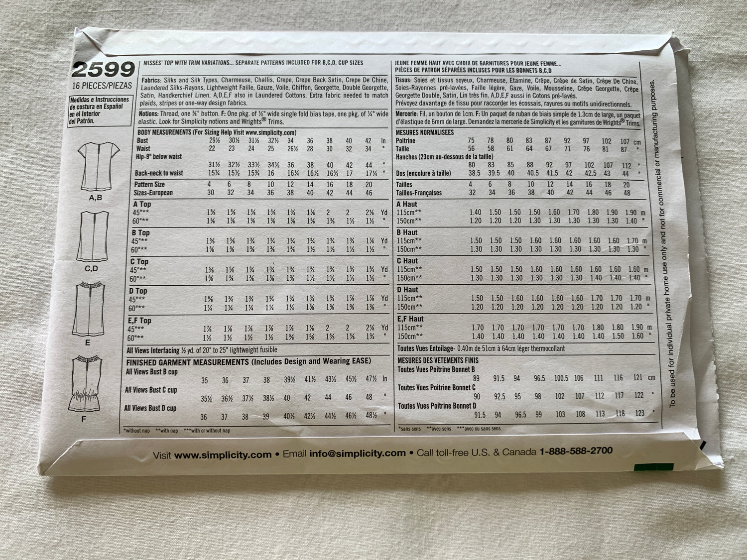 Simplicity Sewing Pattern 2599 Misses' Tops Short Sleeves, Sleeveless, Elastic Waist, Size 4-12, Uncut, 2008