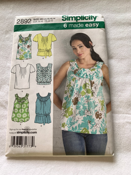 Simplicity Sewing Pattern 2892 Misses' Tops Short Sleeves, Sleeveless, Elastic Waist, Size 6-14, Uncut, 2008