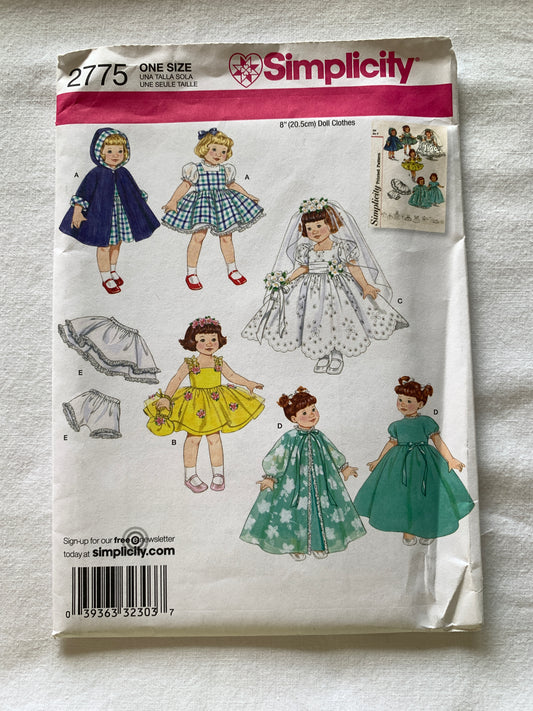 Simplicity Sewing Pattern 2775 Girl's 8 Inch Dolls, Dress, Blouse, Shirt, Nightgown, Petticoat, Uncut, 2008