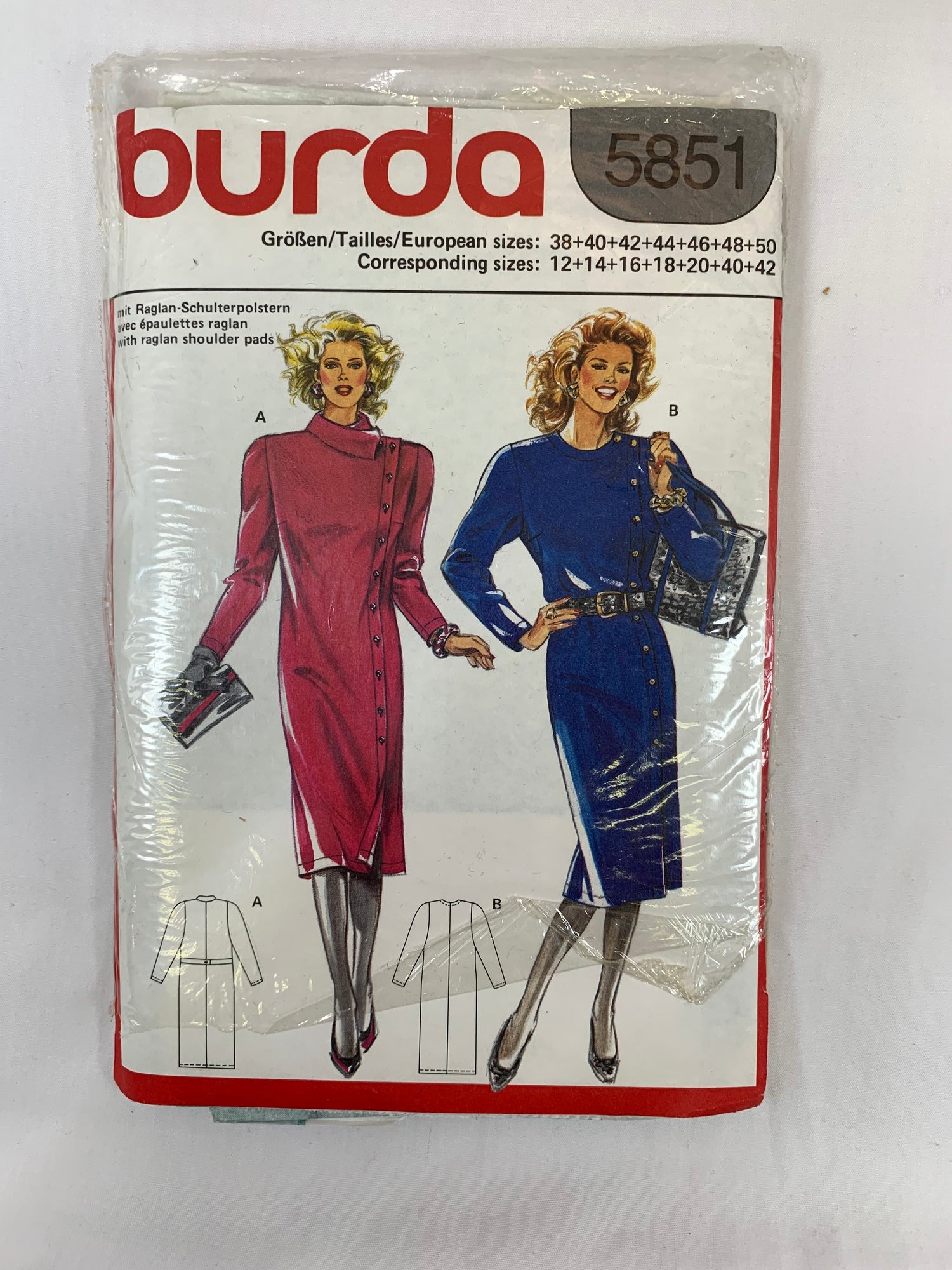 Burda Sewing Pattern 5851 Misses' Dress, Two Variations, Button Front, Long Sleeves, Shoulders Pads, Size 38-50, Uncut, Vintage 1989