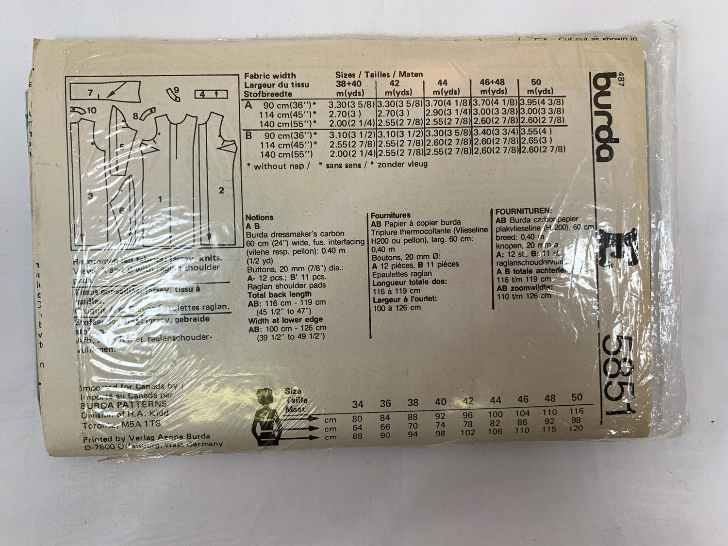Burda Sewing Pattern 5851 Misses' Dress, Two Variations, Button Front, Long Sleeves, Shoulders Pads, Size 38-50, Uncut, Vintage 1989
