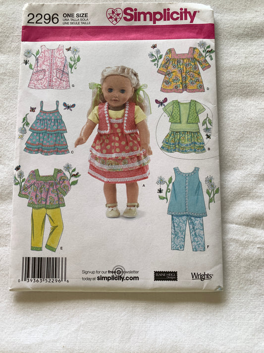 Simplicity Sewing Pattern 2296 18 Inch Doll Clothes, Pants, Top, Dress, Uncut, 2010