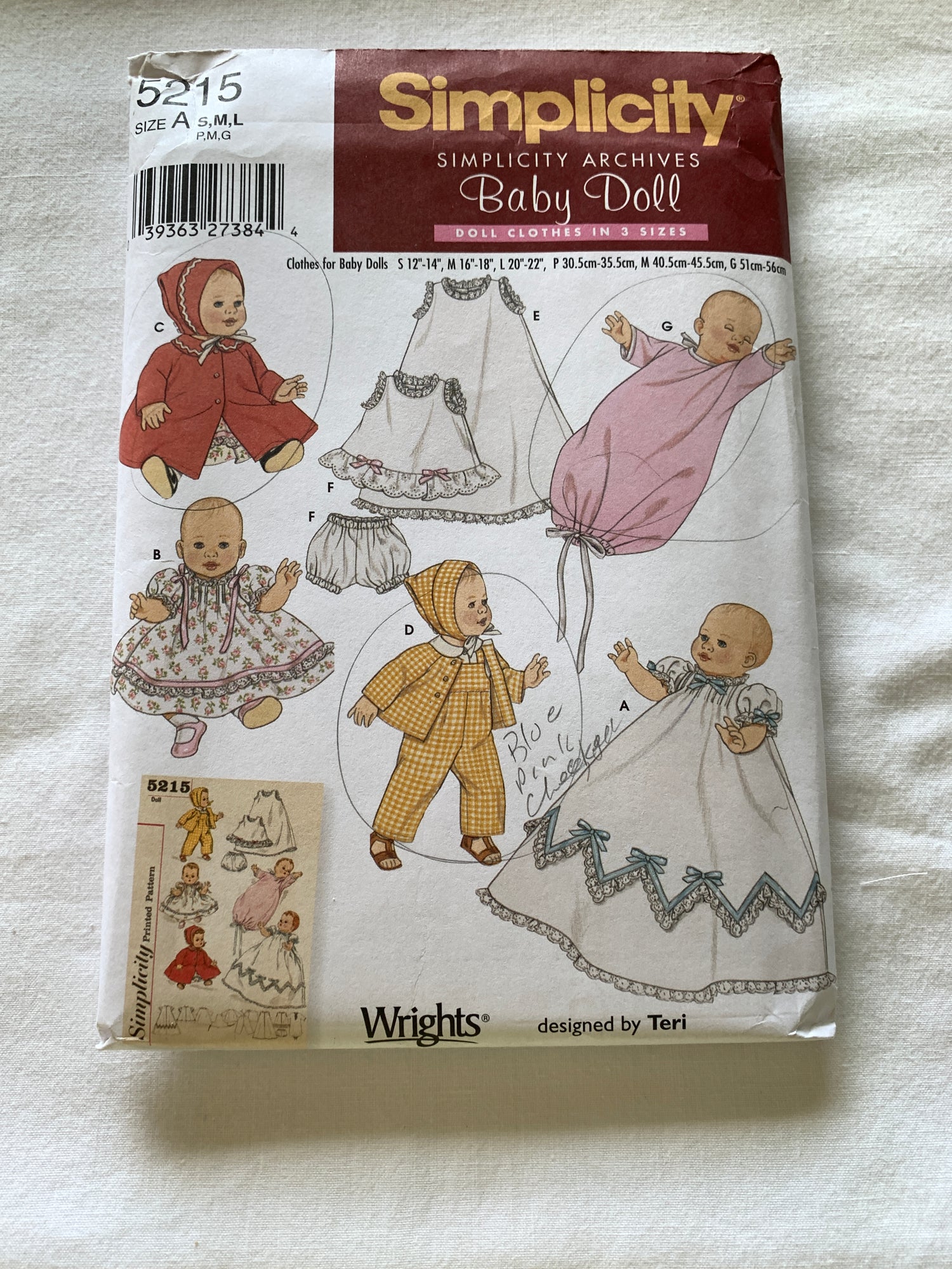 Simplicity Sewing Pattern 5215 Doll Clothes, Three Sizes, Sm 12"-14", Med 16"-18", Lrg 20"-22" Dress, Coat, Hat, Slip, Panties, Skirt, Overalls, Pajamas, Uncut, 2004