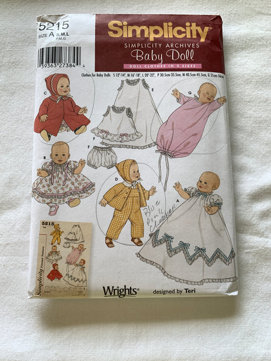 Simplicity Sewing Pattern 5215 Doll Clothes, Three Sizes, Sm 12"-14", Med 16"-18", Lrg 20"-22" Dress, Coat, Hat, Slip, Panties, Skirt, Overalls, Pajamas, Uncut, 2004