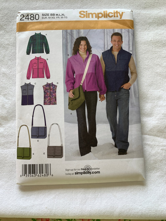 Simplicity Sewing Pattern 2480 Misses'/Men's/ Teens' Jacket, Vest, Messenger Bag. Size 38-48, Uncut, 2009