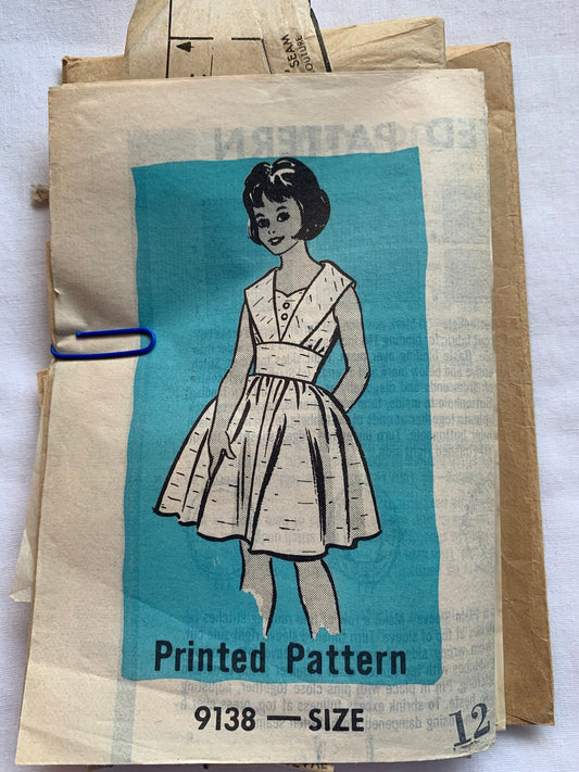 Free Press Sewing Pattern 9138 Girls' Dress, Sleeveless, Flared Skirt, Zipper Back, Size 12, Cut, Vintage 1961