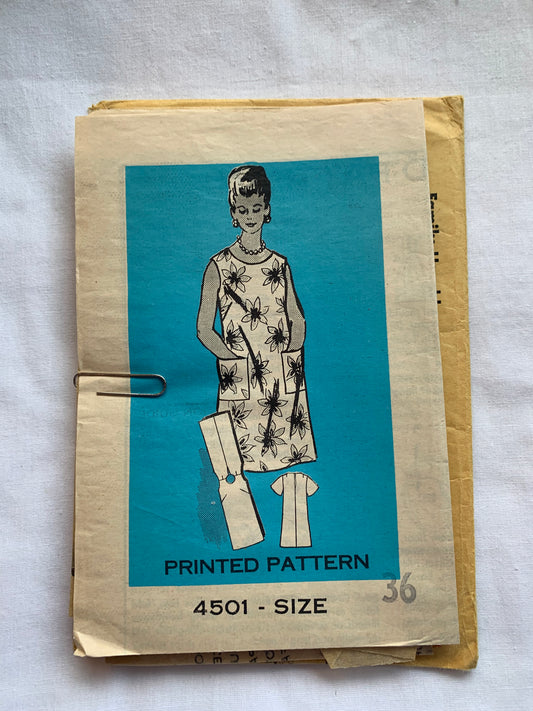 Family Herald Sewing Pattern 4501 Misses'/Women's Dress, Zipper Back Sleeveless, Short Sleeves, Darts,Loose Fitting, Pockets, Size 36, Cut, Vintage 1967