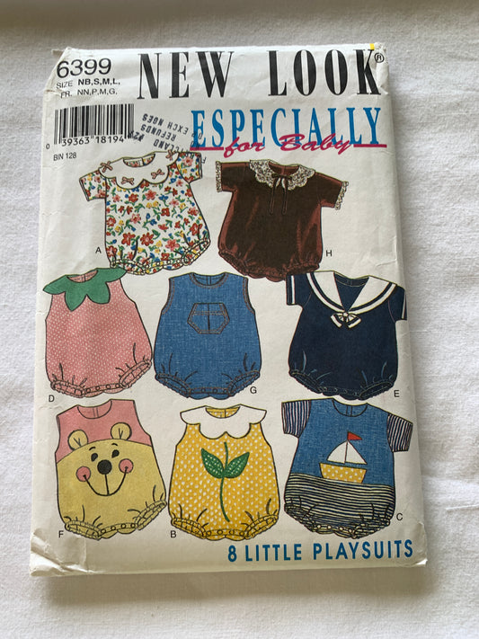 Simplicity New Look Sewing Pattern 6399 Baby/Infant, Rompers, Sleeveless, Short Sleeves, Elastic Legs, Size 7-24 Pounds, Uncut, 2002