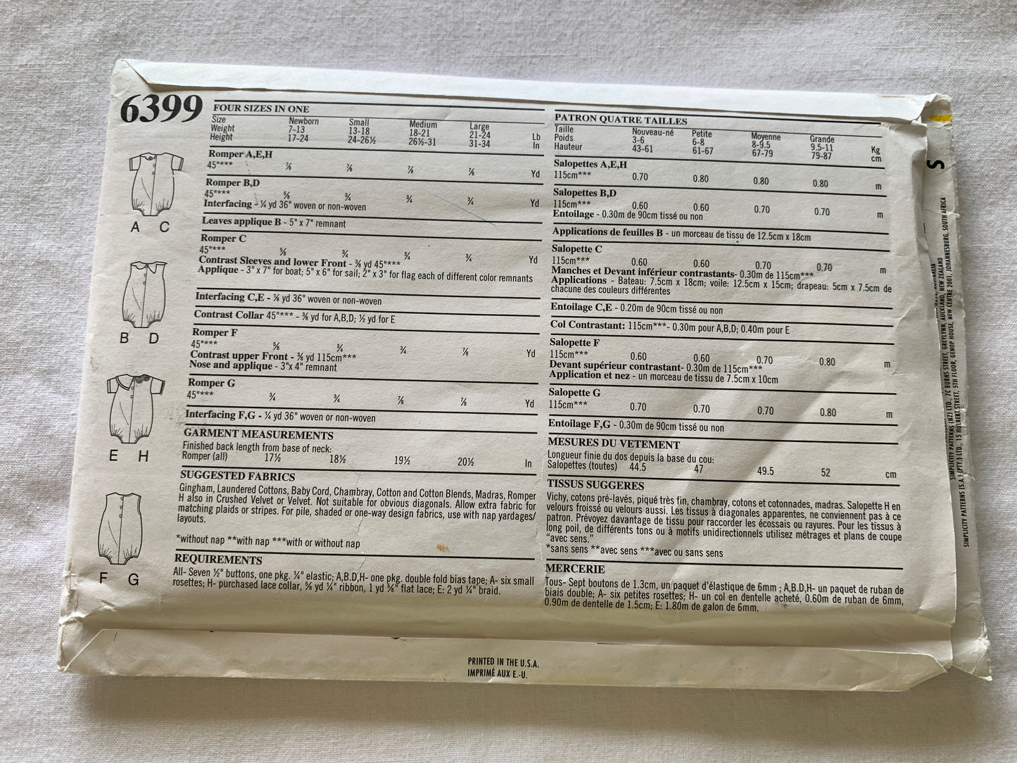Simplicity New Look Sewing Pattern 6399 Baby/Infant, Rompers, Sleeveless, Short Sleeves, Elastic Legs, Size 7-24 Pounds, Uncut, 2002