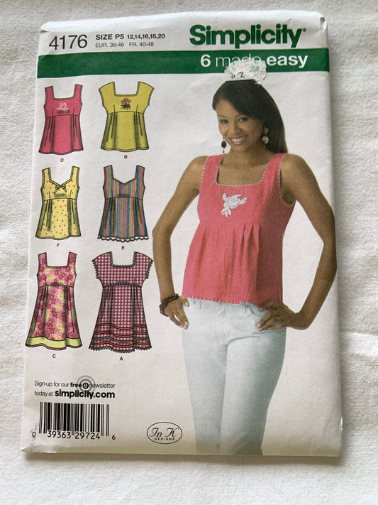 Simplicity Sewing Pattern 4176 Misses' Top, Tunic, Sleeveless, Pullover, Neckline Variations, 6 Variations, Size 12-20, Uncut, 2002