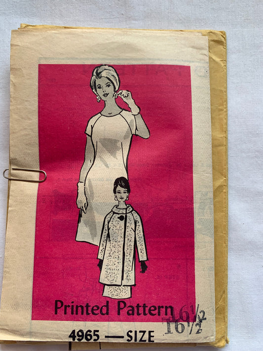 Family Herald Sewing Pattern 4965 Misses'/Women's Half Sizes Dress, Coat, Fitted, Long/Short Sleeves, Size 16 1/2, Cut, Vintage 1967