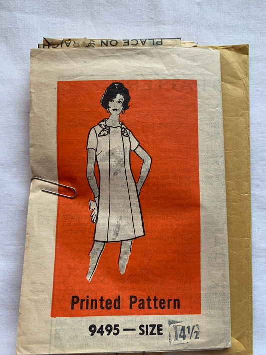 Free Press Sewing Pattern 9495 Misses'/Women's Half Sizes Dress, Zipper Back, Short Sleeves, Darts, Fitted, Size 14 1/2, Cut, Vintage 1969