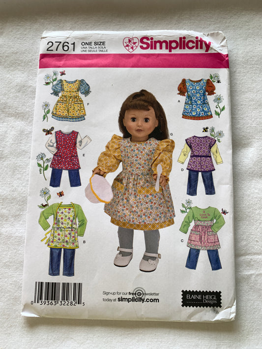Simplicity Sewing Pattern 2761 18 Inch Doll Clothes, Pants, Top, Dress, Apron, Smock, Pinafore Uncut, 2008