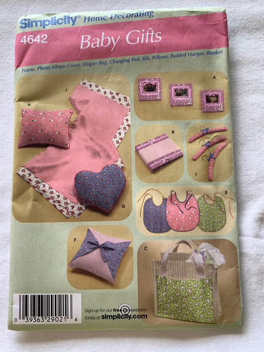 Simplicity Sewing Pattern 4642 Baby Gifts, Bib, Quilt, Pillows, Padded Hangar, Diaper Bag, Uncut, 2006