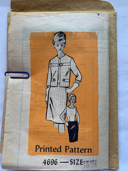 Star Weekly Sewing Pattern 4696 Misses'/Women's Half Sizes Skirt, Top, Jacket, Zipper Back, Long Sleeves, Darts, Fitted, Size 16 1/2, Cut, Vintage 1965