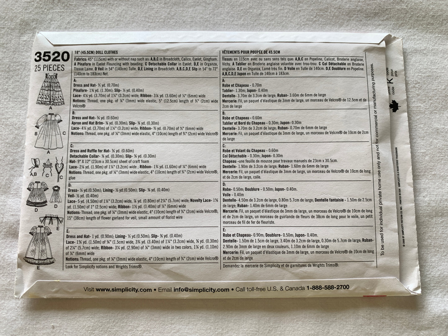 Simplicity Sewing Pattern 3520 18 Inch Doll Clothes, Pants, Top, Dress, Apron,  Hat, Pinafore Uncut, 2008