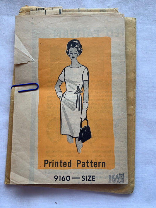 Free Press Sewing Pattern 9160 Misses'/Women's Half Sizes Dress, Zipper Back, Short Sleeves, Darts, Fitted, Size 16 1/2, Cut, Vintage 1964